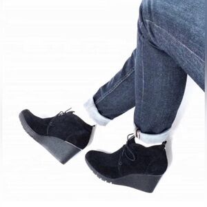 Donald J. Pliner Dakota Suede & Calf Hair/Fur Wedge Platform Booties Lace Up